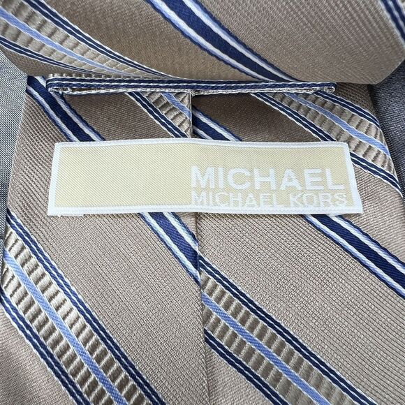Michael Kors Mens Neck Tie Necktie Silk Tan Blue White Stripes 59” L 3.5” Gifts - Picture 4 of 9